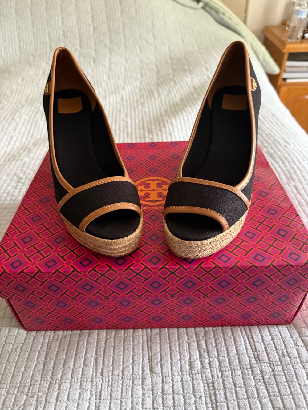 Black and Tan Espadrille Wedge Peep-Toe sandals - Tory Burch NWOT